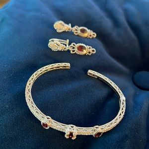 Judith Ripka Sterling silver bracelet earrings garnet set.